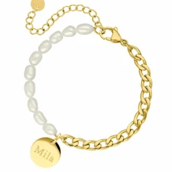 Finaste Graveerbare Armband Chain & Pearl kleur goud Hot