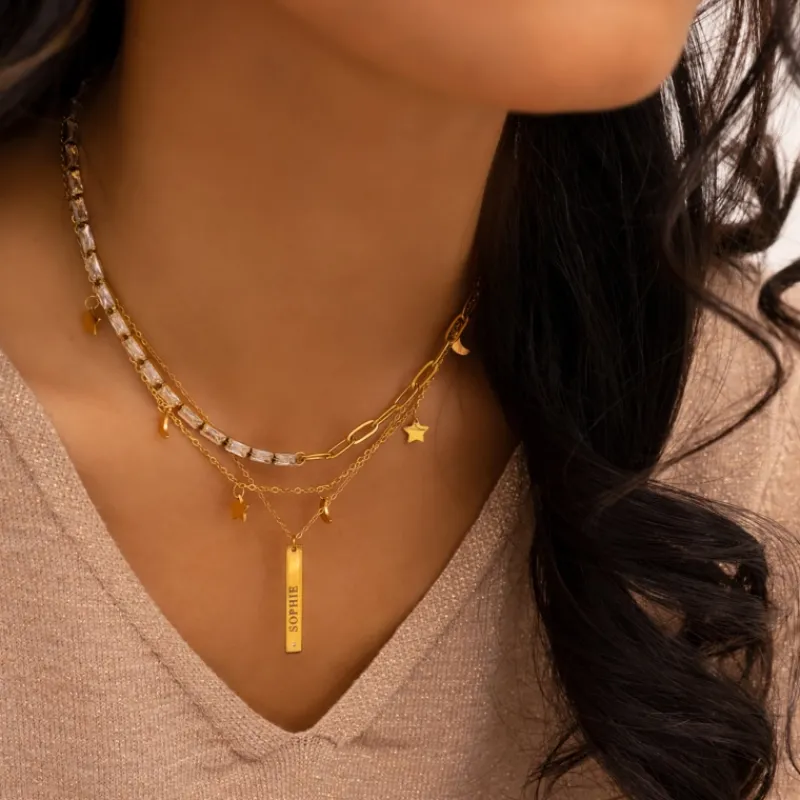 Finaste Graveerbare bar ketting met steentje goudkleurig Sale