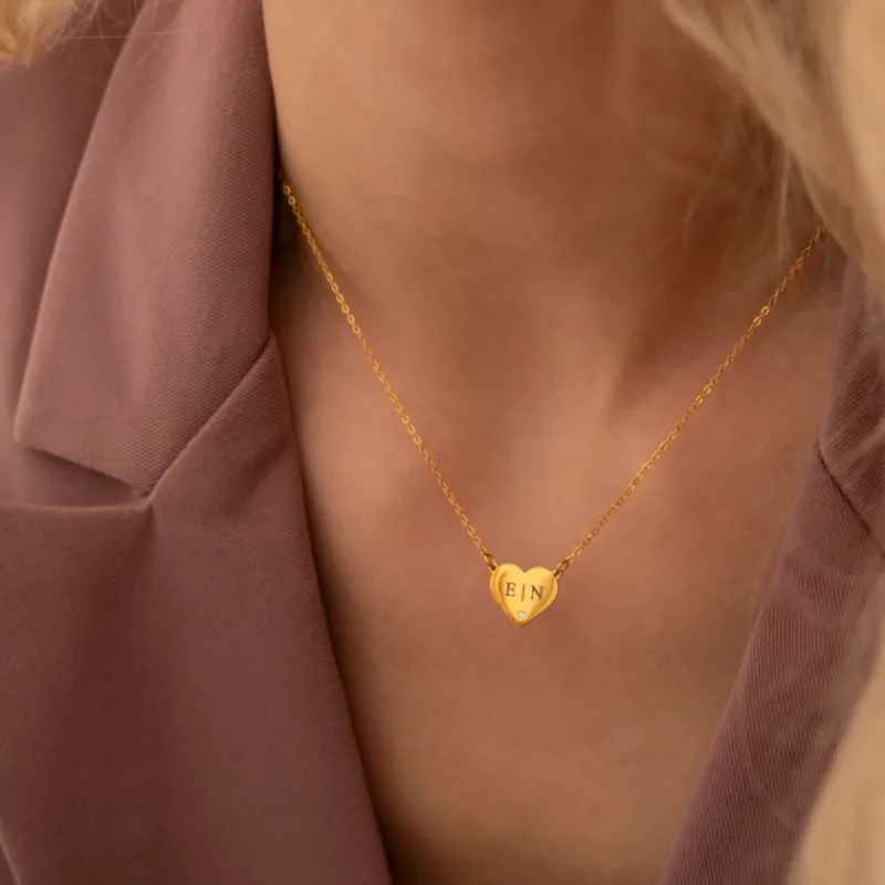 Finaste Graveerbare heart ketting met steentje goudkleurig Online