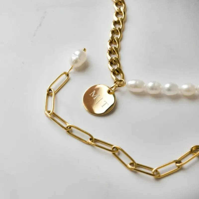 Finaste Graveerbare Ketting Chain & Pearl kleur goud Best