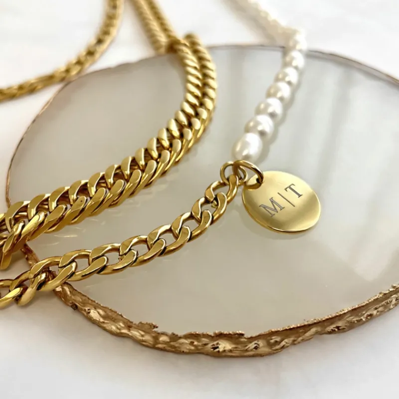 Finaste Graveerbare Ketting Chain & Pearl kleur goud Best