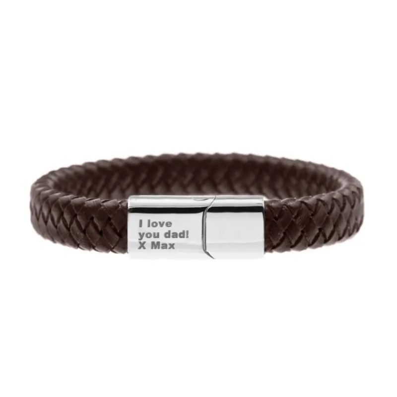 Finaste Graveerbare leren mannen armband bruin Sale