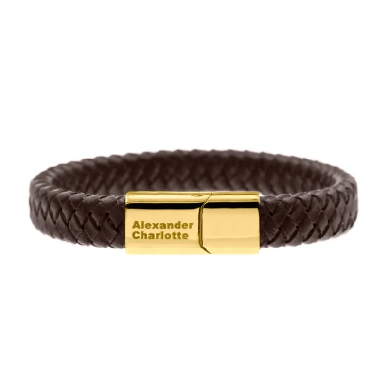 Finaste Graveerbare leren mannen armband bruin goud kleurig Sale