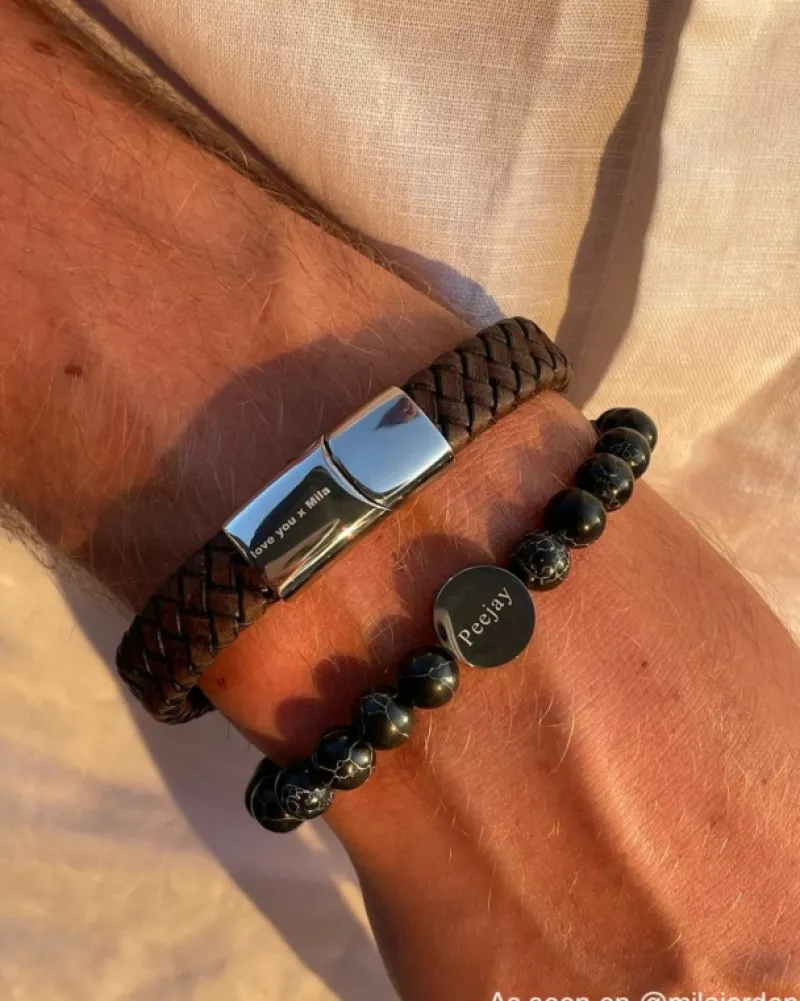 Finaste Graveerbare leren mannen armband bruin Sale