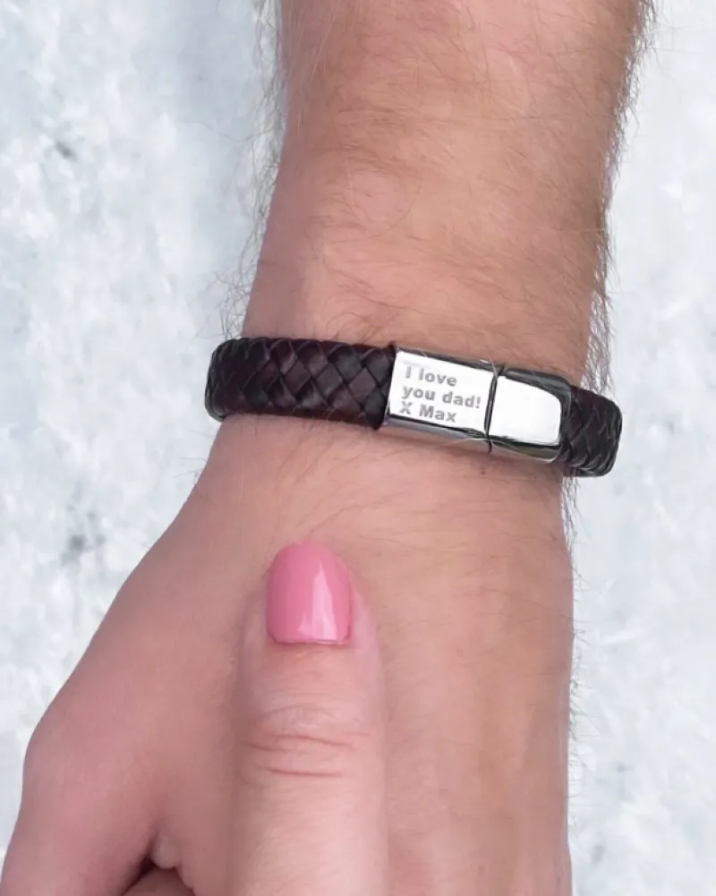 Finaste Graveerbare leren mannen armband bruin Sale