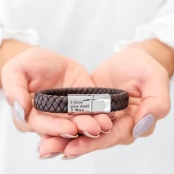 Finaste Graveerbare leren mannen armband bruin Sale