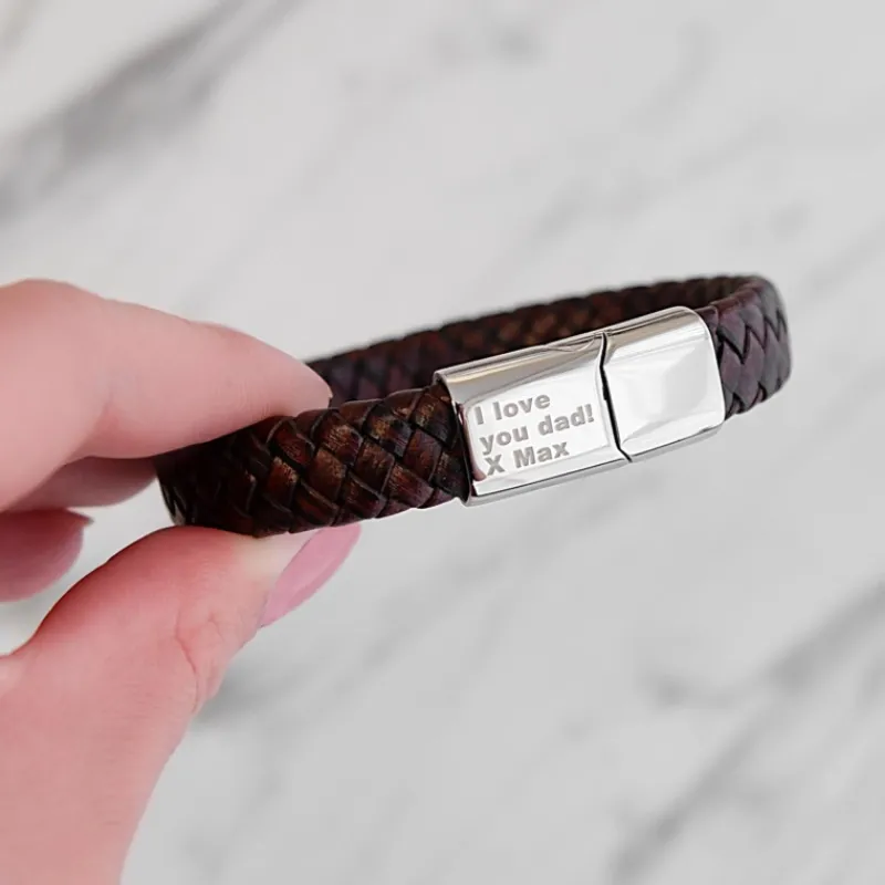 Finaste Graveerbare leren mannen armband bruin Sale