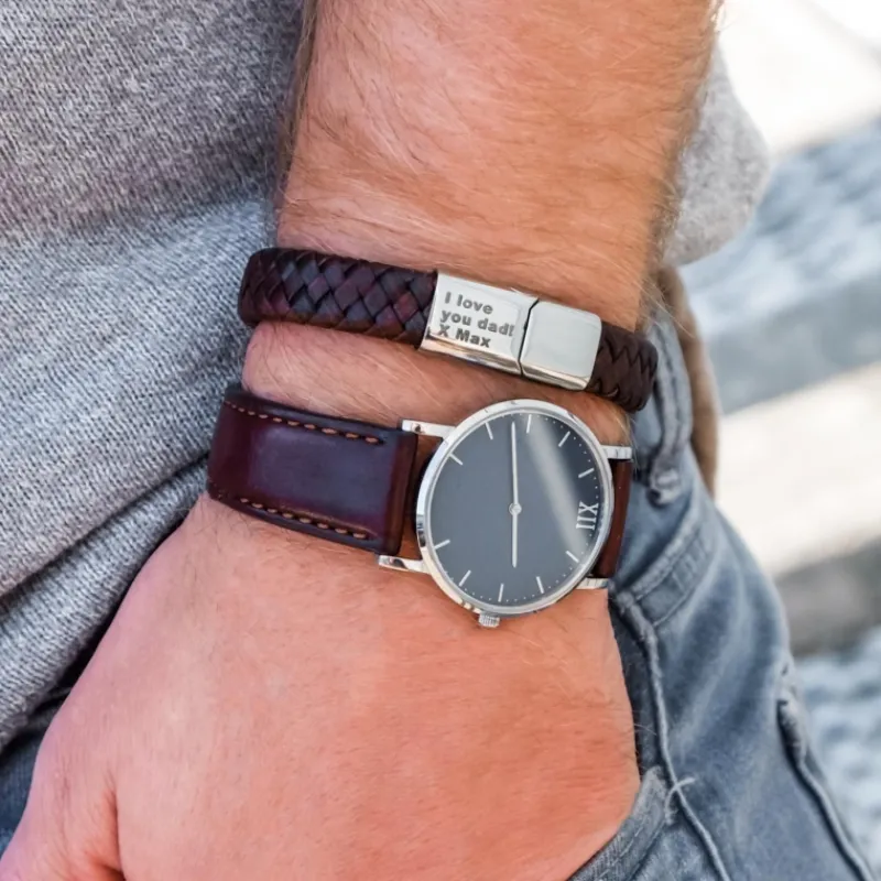 Finaste Graveerbare leren mannen armband bruin Sale