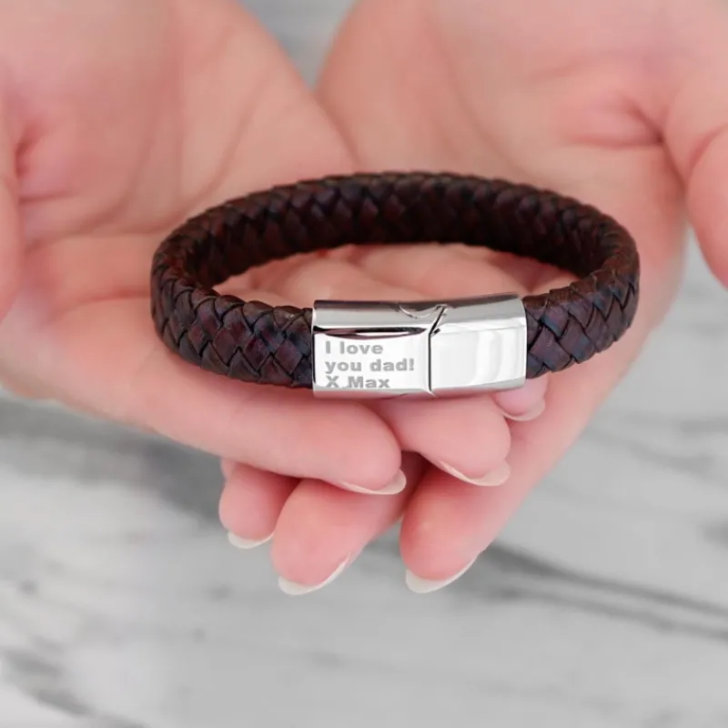 Finaste Graveerbare leren mannen armband bruin Sale