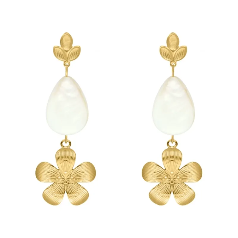 Finaste Oorbellen met witte druppel & bloem goudkleurig Discount