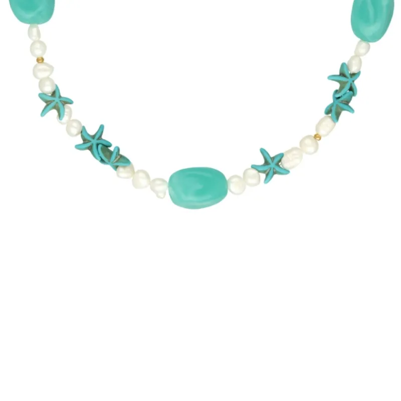 Finaste Parelketting aqua bedels goudkleurig Outlet