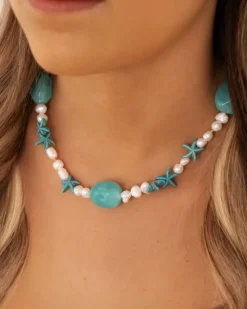 Finaste Parelketting aqua bedels goudkleurig Outlet