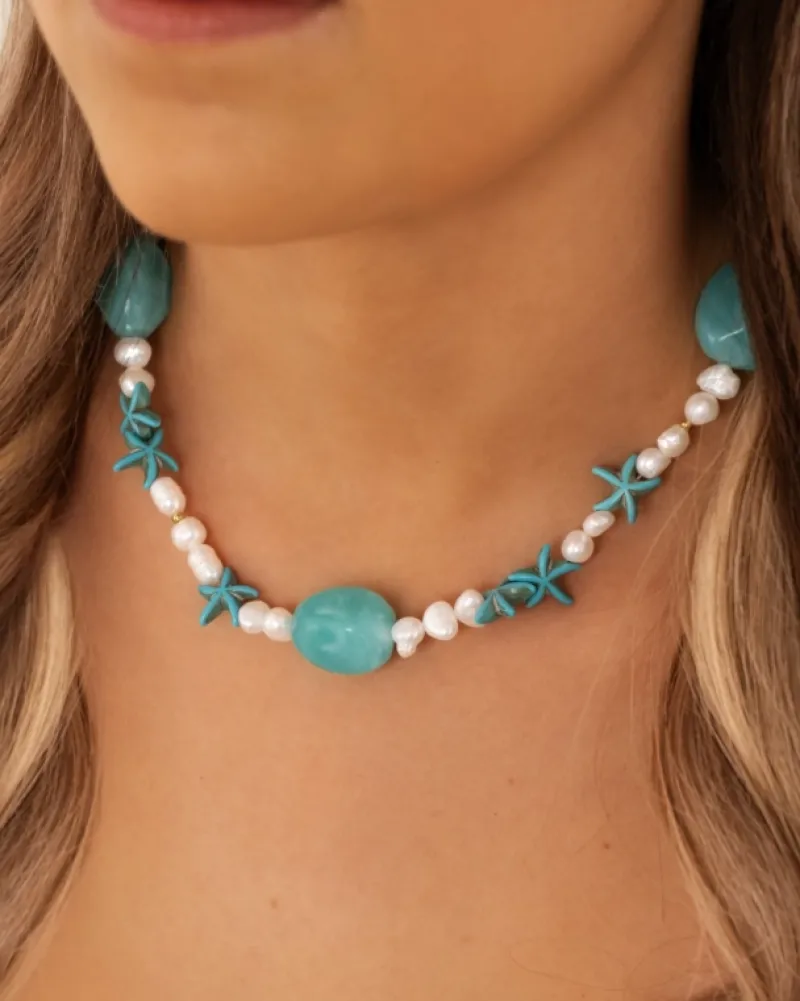 Finaste Parelketting aqua bedels goudkleurig Outlet