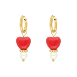 Finaste Red heart & pearl earrings goudkleurig Best