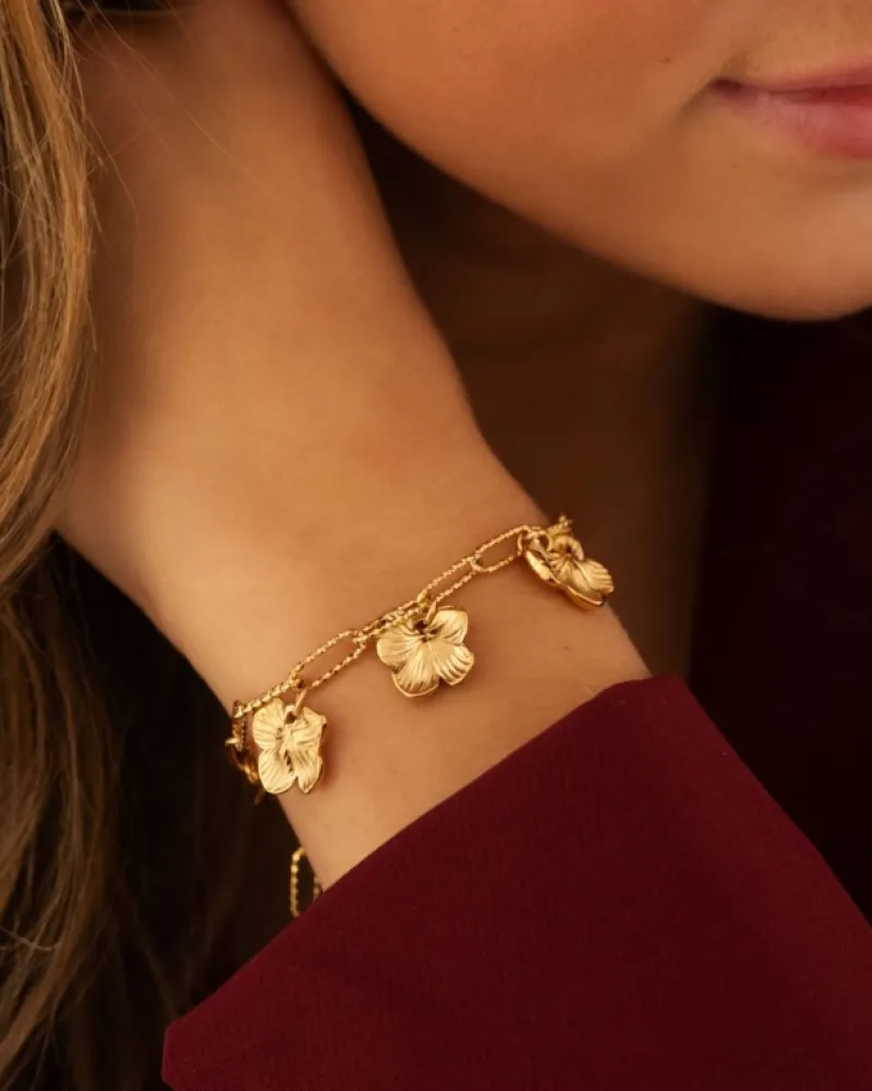 Finaste Schakelarmband met bloemetjes goudkleurig Discount