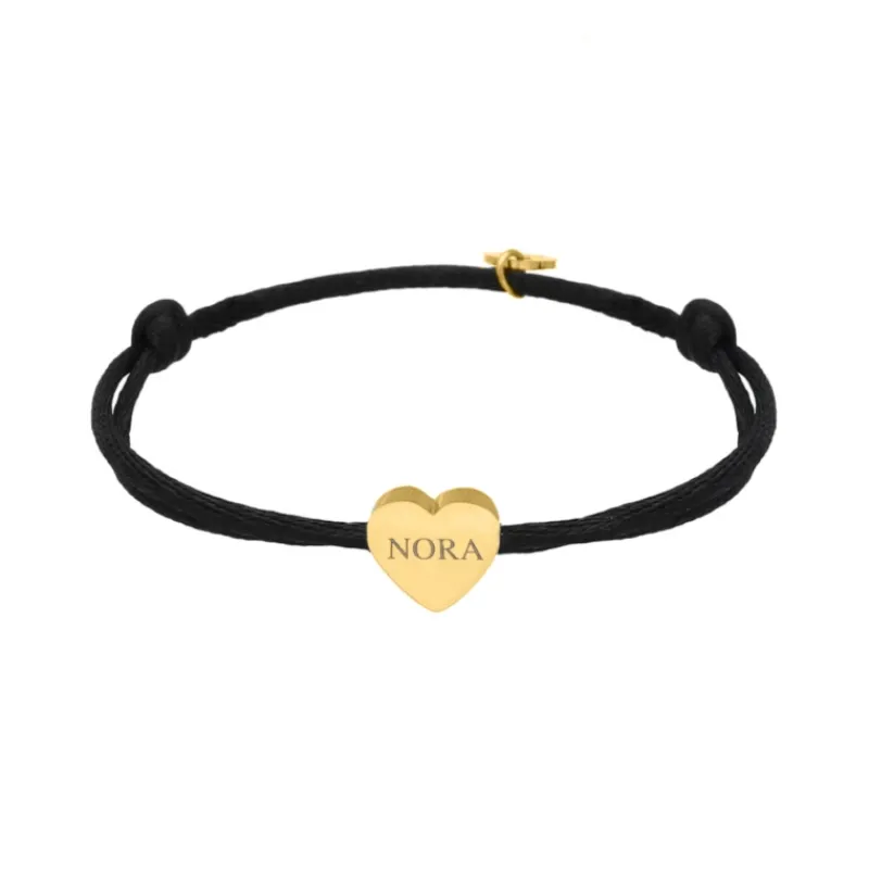 Finaste Zwarte satin heart armband met initials verguld New