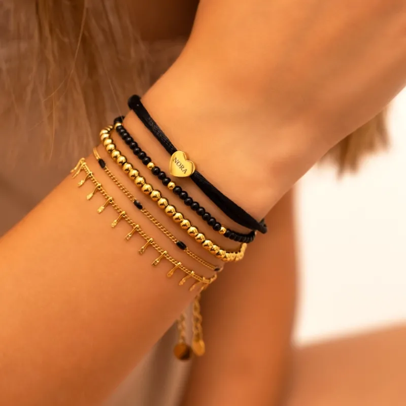 Finaste Zwarte satin heart armband met initials verguld New
