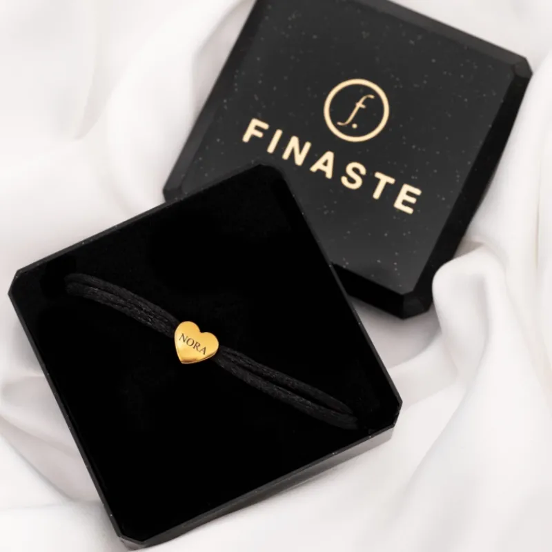 Finaste Zwarte satin heart armband met initials verguld New