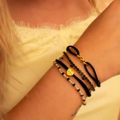 Finaste Zwarte satin heart armband met initials verguld New